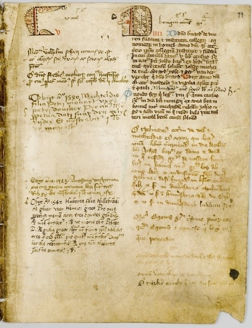 Folio uit het obituarium van het kapittel, met een inschrijving op 28 juni voor “B’nard’ van Vueren fundator ‘t institutor” (folio 79, kolom 2, inschrijving 1)